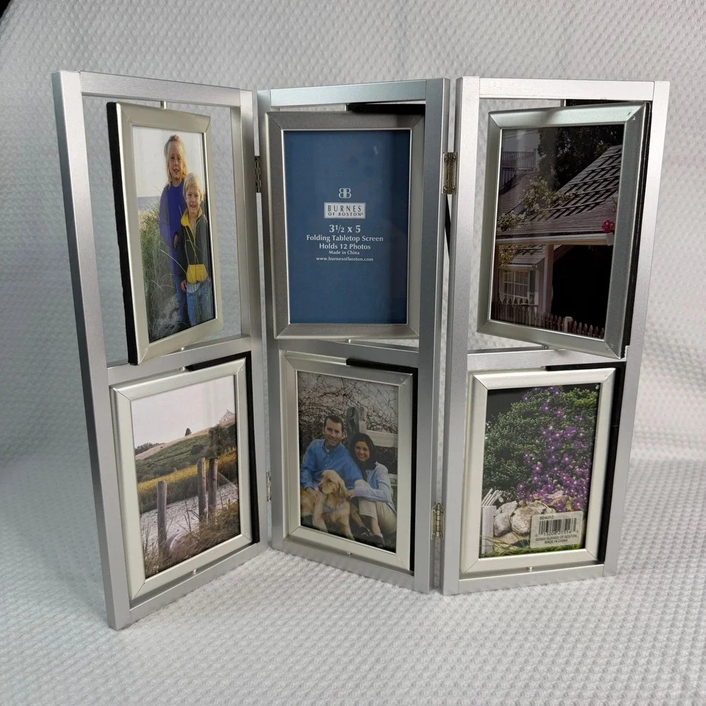 VTG Silver Folding Tabletop Screen Holds 12 3.5x5 Photos Rotating Pictures NEW